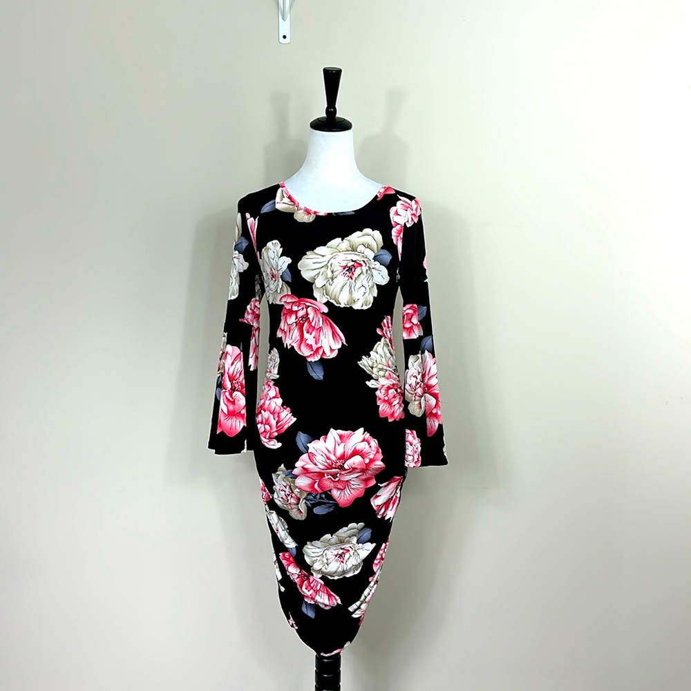My Bump Women's Maternity Dress - Printed Fitted Stretch Bell Sleeve W/Ruched M